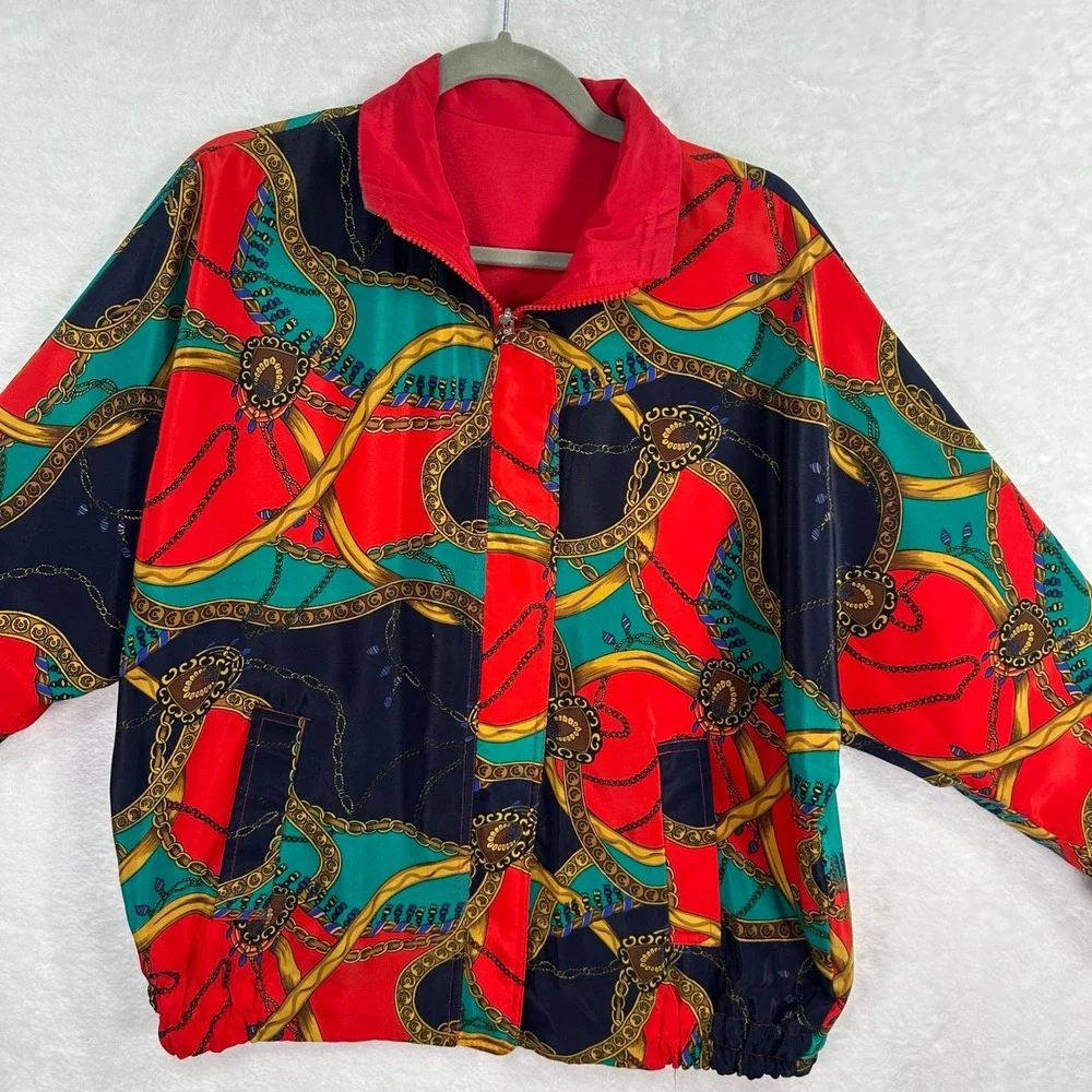 GDT Too Reversible Bomber Jacket Womens OS Red Multi‎ Chain Print Vintage 80s